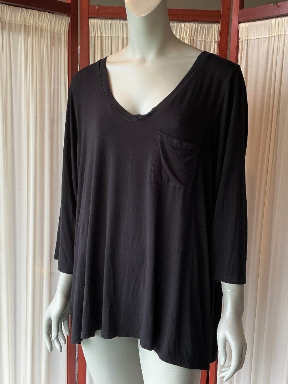 Cable & Gauge Women's Top Black 3/4 Sleeve Tunic Deep V-Neck Size 1X